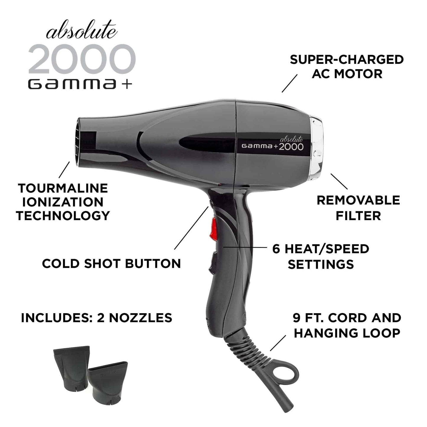 GAMMA+ Professional Absolute 2000 Hair Dryer Black, 2 Concentrator Nozzles