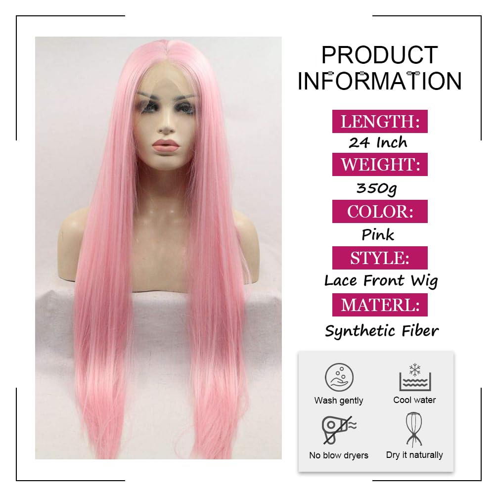 Angle Lucky Pink Lace Front Wig Long Silky Straight Light Pink Lace Wig Synthetic Heat Resistant Fiber Realistic Hairline Wigs for Women Cosplay Daily Use 24inch