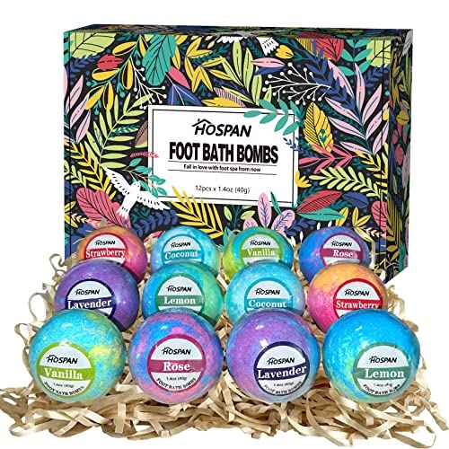 HOSPAN Organic Foot Bath Bombs Gift Set, 12 Essential Oil Rich Foot Soak for Mom and Dad, Handmade Foot Spa Bomb with Wonderful Bubbles, Great for Soothes Sore Tired Feet, Dry Feet Moisturize