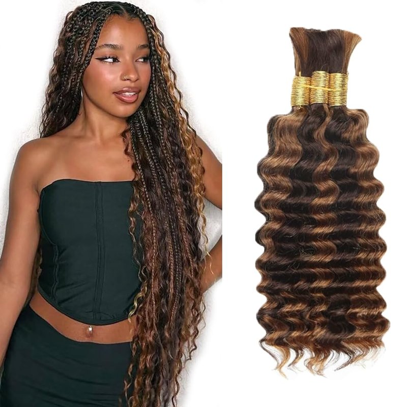 Human Braiding Hair Deep Wave Bulk - Highlight No Weft Curly Extensions | 16 Inch, 150g (3 Bundles)