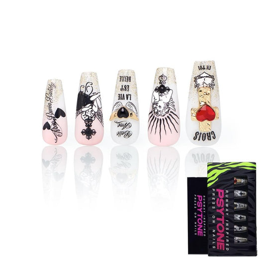 PSYTONE Press on Nails Long Rhinestone Pink Fake Nails Black Nails Square Bling Glossy 3D Flower False Nail Tips Artificial Nails Finger Manicure for Women and Girls-30pcs (Long Nails 1)
