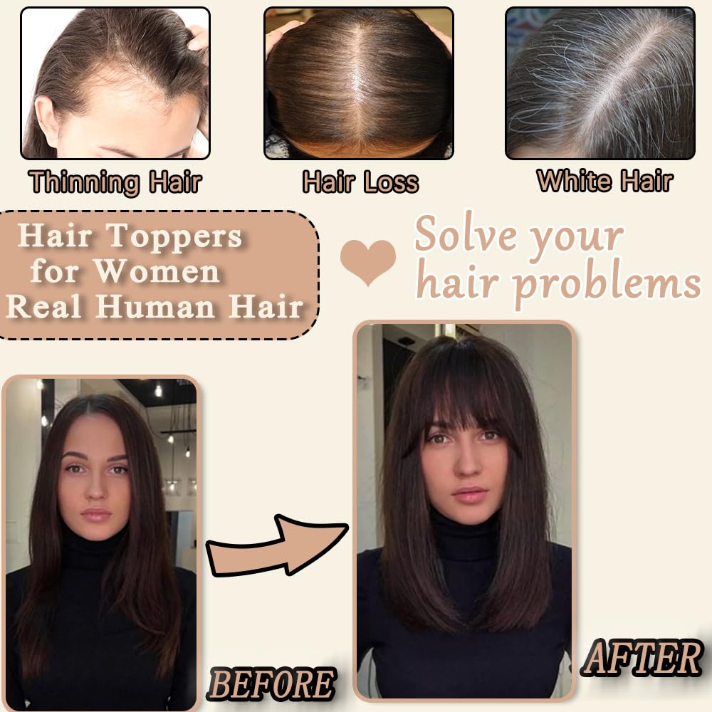 HVVZOY Hair Toppers for Women Real Human Hair, 360° 3D Real Human Hair Toppers for Women with Thinning Hair Clip in Bangs Big Coverage 12 Inch Hairpieces (1B, 3D Wispy Bangs)