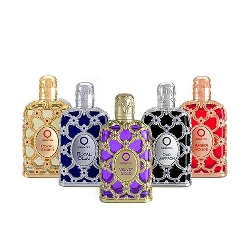 Orientica Luxury Collection Mini Perfume Gift Set for Men & Women, 5-Piece Discovery Set with Amber Rouge, Royal Amber, Oud Saffron, Velvet Gold & Royal Bleu, Unisex Fragrances for Every Occasion