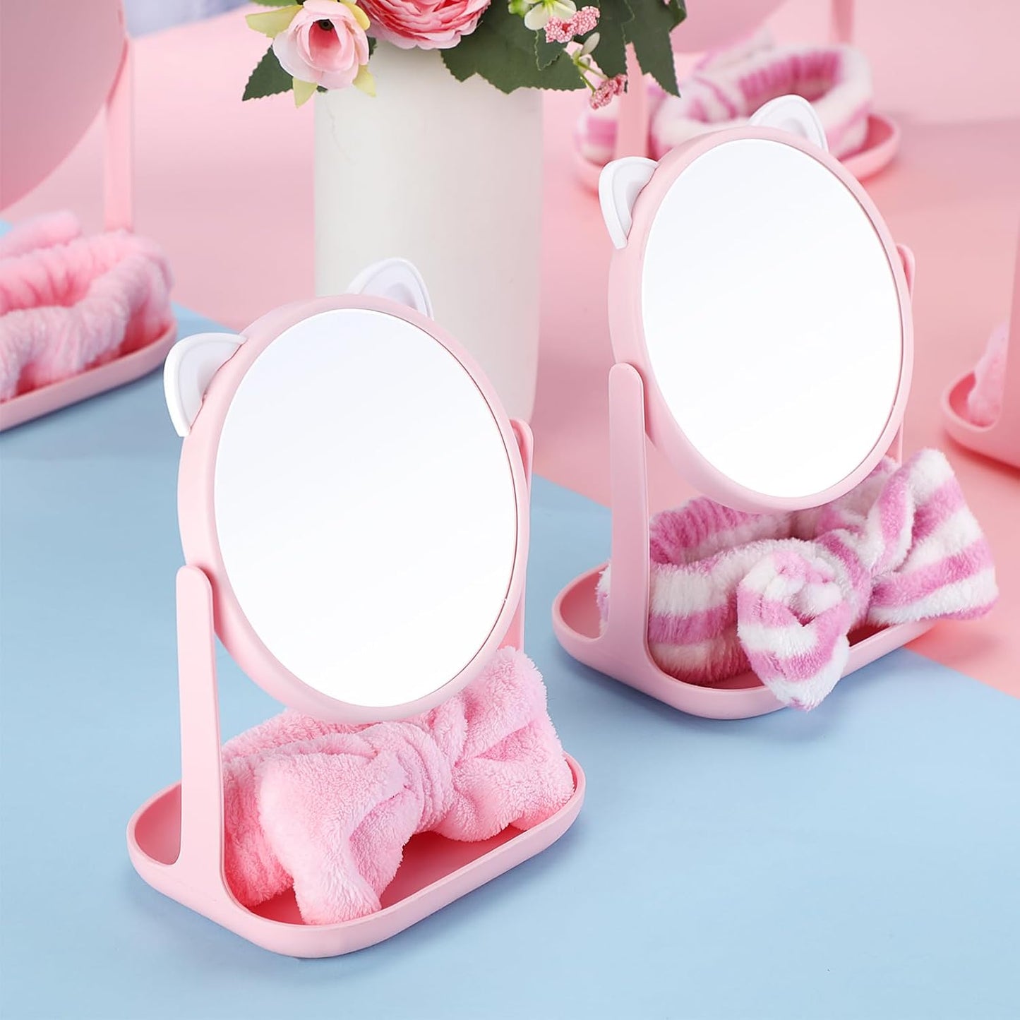 DoubleFill 8-Piece Spa Party Supplies Set | Cat Table Mirrors & Pink Bow Headbands for Slumber Birthday Parties