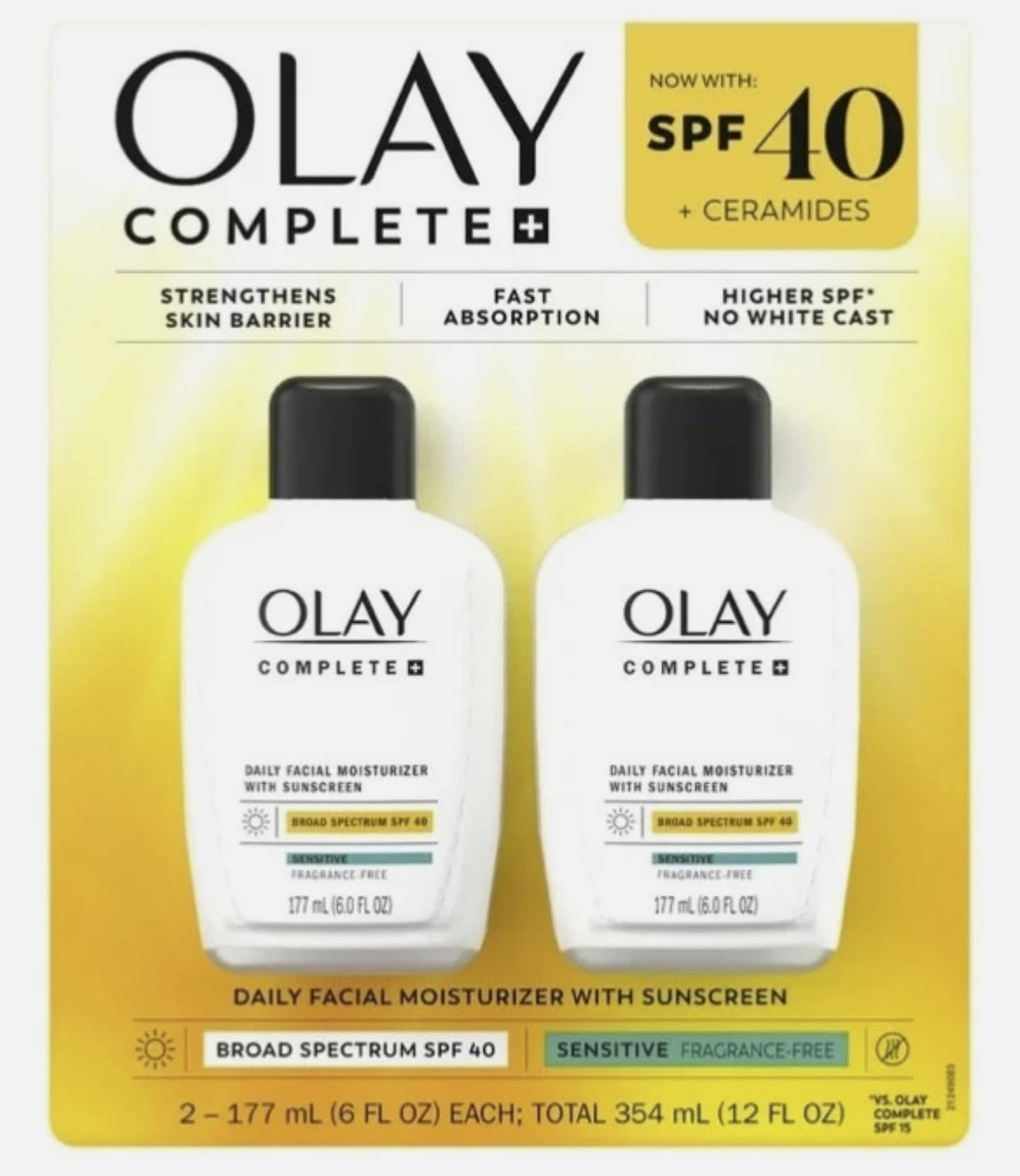 Olay Complete Daily Facial Moisturizer with SPF 40 Sunscreen, 2 Pack, 177 mL (6.0 FL OZ) each, 354 mL (12.0 FL OZ) Total