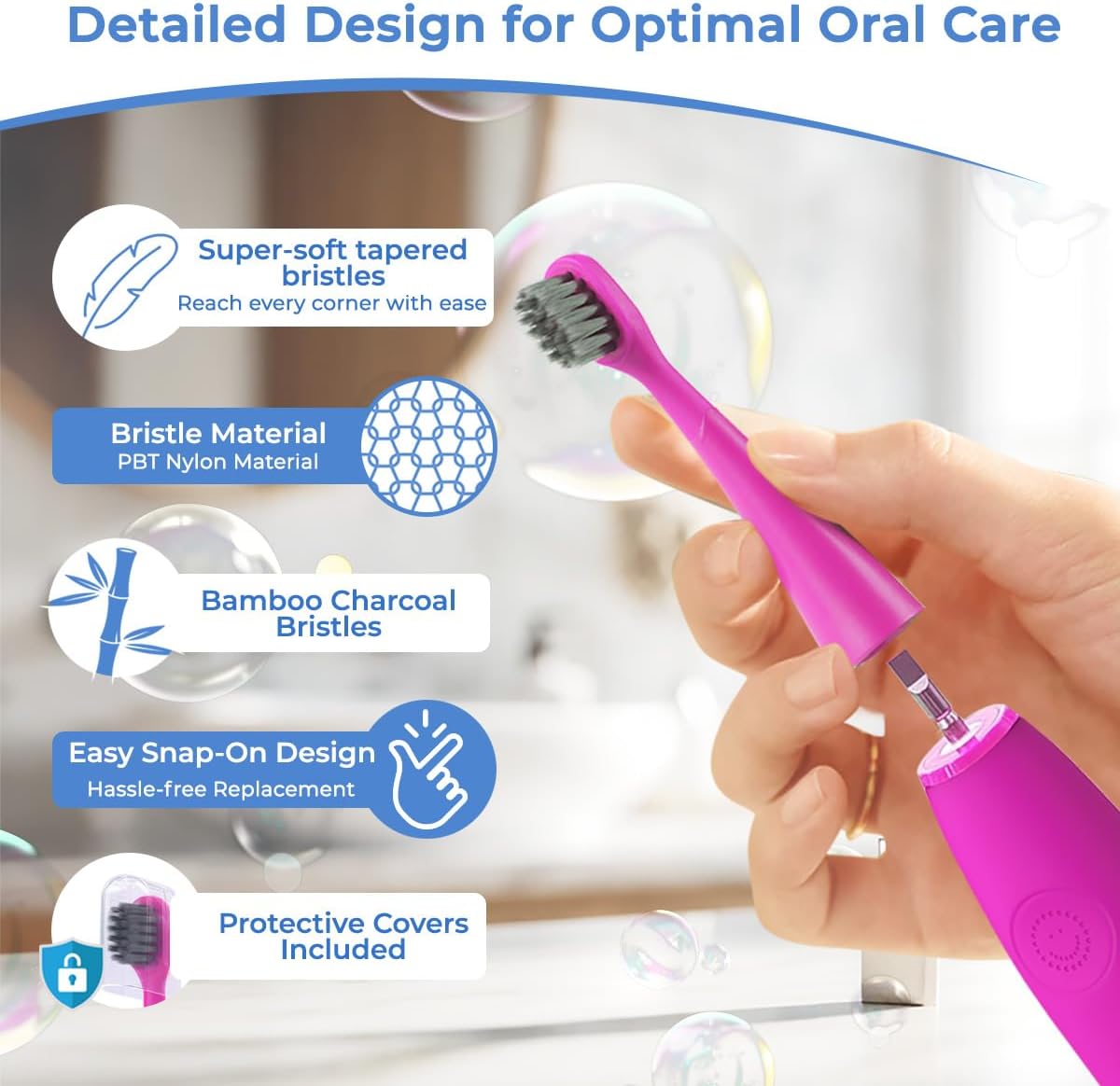Toothbrush Replacement Heads for Burst Kids Electric Toothbrush - Ultra-Soft Bristles & Dust Cover Caps | 6 Pack (Pink)