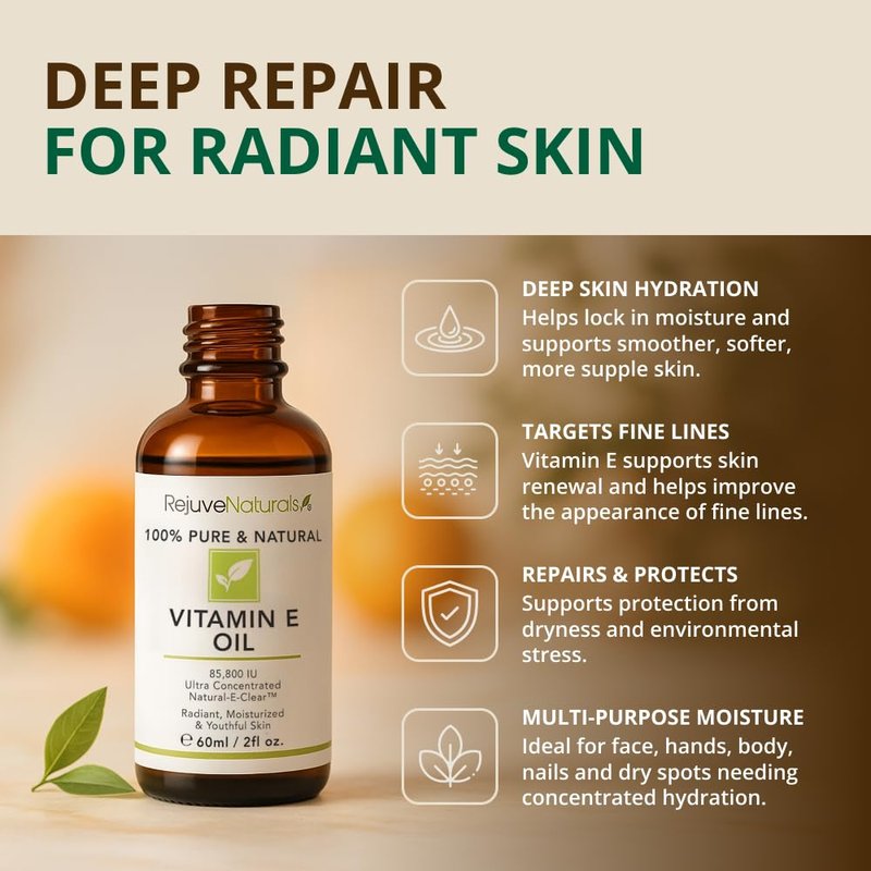 Vitamin E Oil - 100% All Natural & USDA Organic (LARGE 4oz Bottle) Repair Dry, Damaged Skin from Surgery & Acne, Age Spots. For Radiant, Hydrated & Youthful Skin. Face & Body Moisturizer