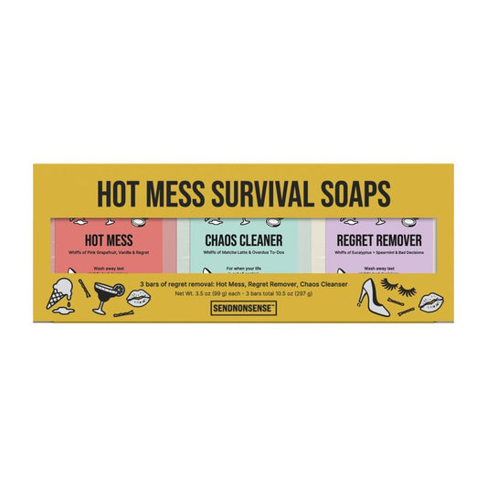 SendNonsense Hot Mess Survival Soap Gift Set (3-Pack) – Funny Gag Gift for Mom, Friends & Coworkers, Novelty Soaps, Regret Remover & Chaos Cleanser