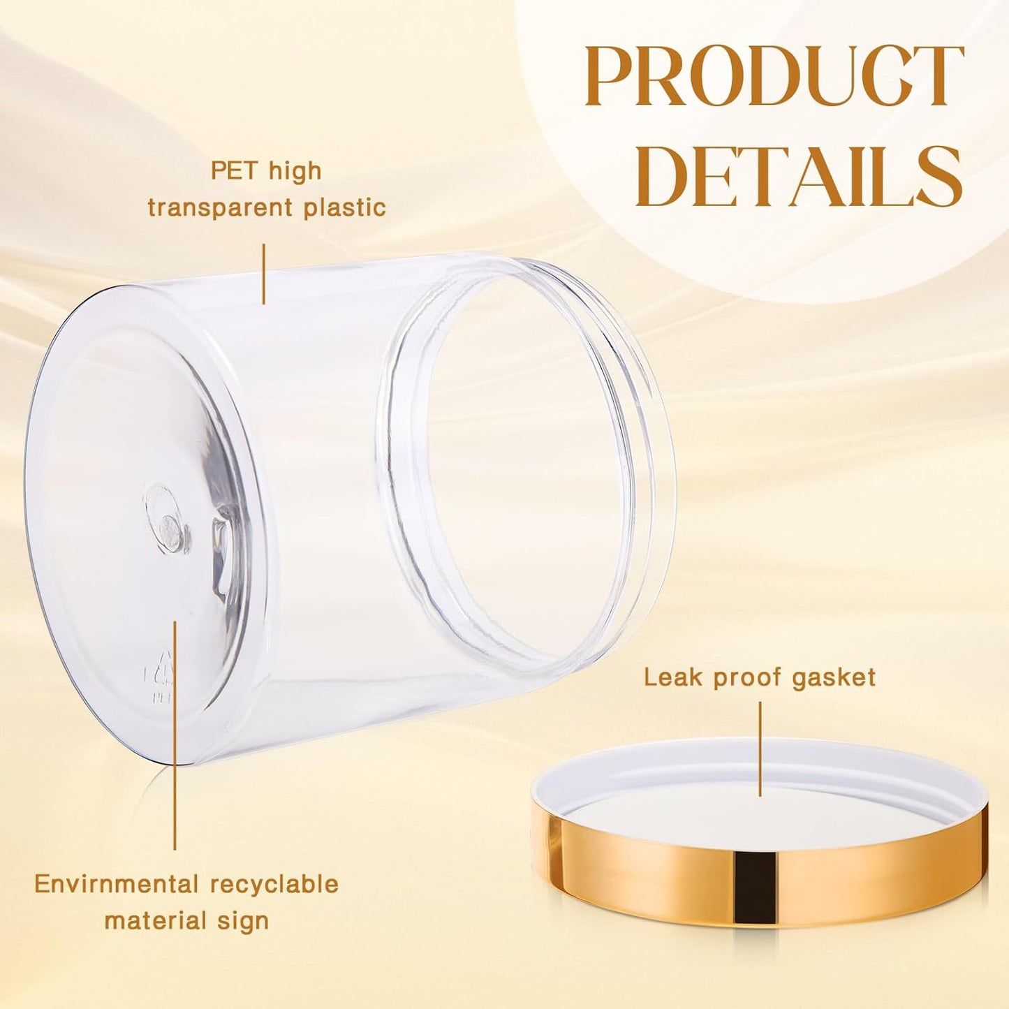 Satinior 16 oz Plastic Container Jars - Clear Travel Cosmetic Storage for Toiletries, Lotion, Cream | 12 Pack, Gold