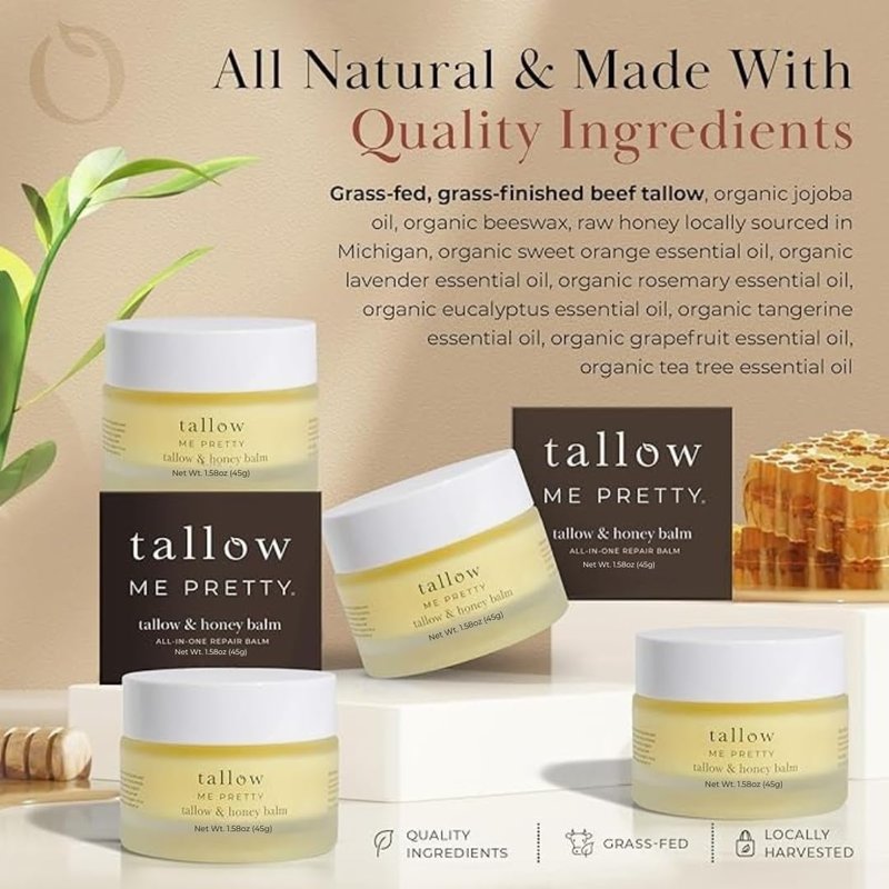 Tallow Me Pretty Tallow and Honey Balm, Rich and Comforting Grass Fed Beef Tallow Balm, Seals in Moisture, Promotes Skin Repair & Calms Irritated Skin, 1.58 oz