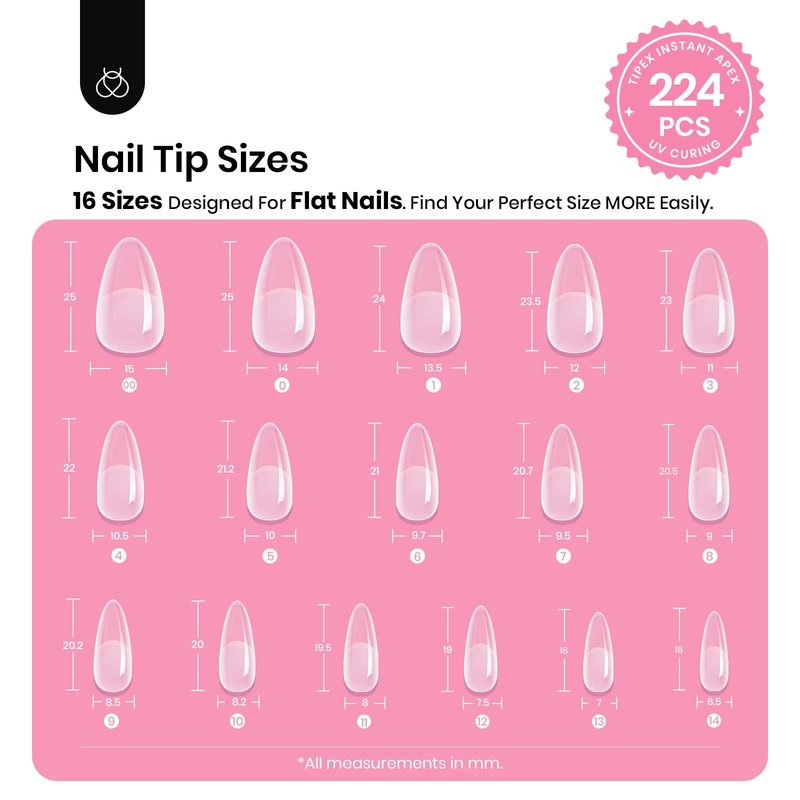 Beetles Tipex Nail Tips Kit Almond Medium, 224Pcs 16 Sizes,Pre-building Pre-Etched Strong Thicker Acrylic Tips with Mini U V Lamp Tipex Nail Glue