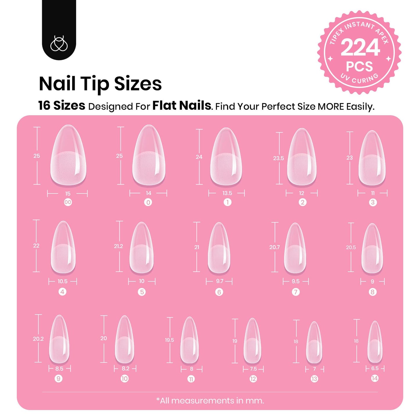 Beetles Tipex Instant Apex Medium Almond Tip Kit, 224 Pcs, 16 Sizes, Pre-Built Pre-Etched Thick Acrylic Tips, Includes Mini UV Lamp & Tipex Nail Glue