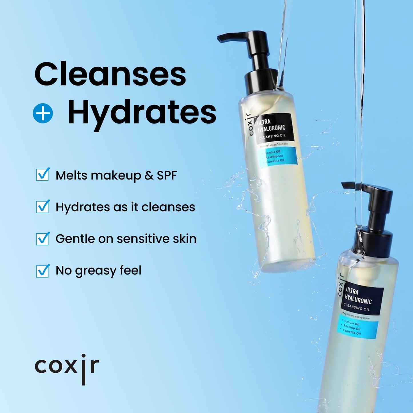 coxir Ultra Hyaluronic Cleansing Oil - Hydrating Korean Oil Cleanser & Makeup Remover for Face, Gentle Fragrance-Free Formula for Dry&Sensitive Skin, Non-Comedogenic [150ml / 5.07 fl.oz]