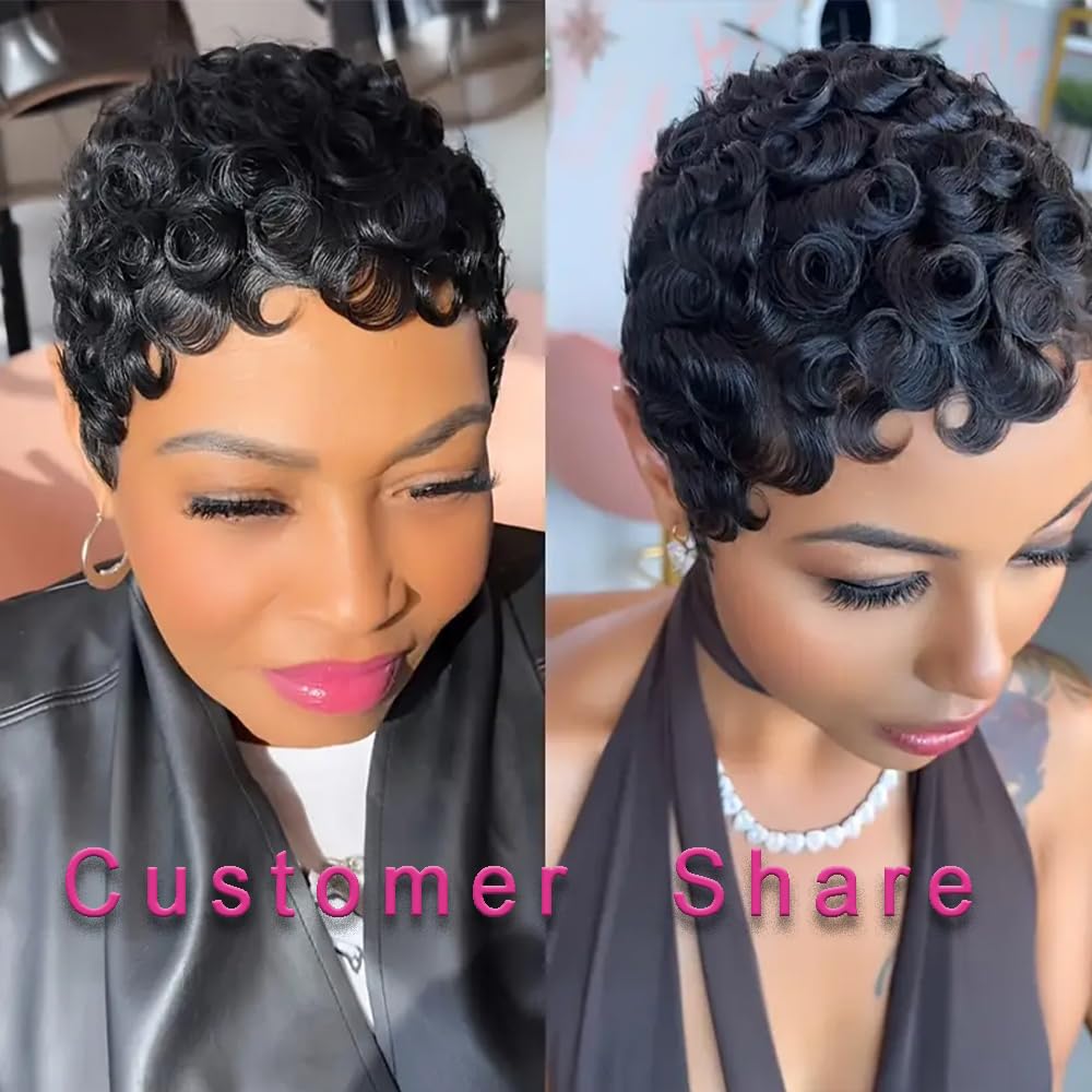 SeFiSha Short Layered Pixie Cut Wig Human Hair Wear and Go Glueless Curly Human Hair Wigs With Bangs for Women Full Machine Made None Lace Front Wigs Human Hair Natural Black Color
