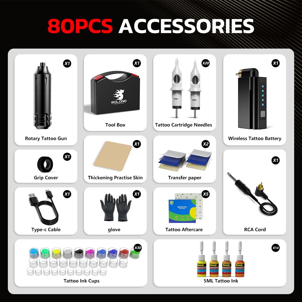 Solong Tattoo Kit-Tattoo Pen Kit Rotary Gun Machine Pen RCA with Wireless Battery 20Pcs Cartridge Mixed Needles Power Supply SLP1KIT02D-1-US