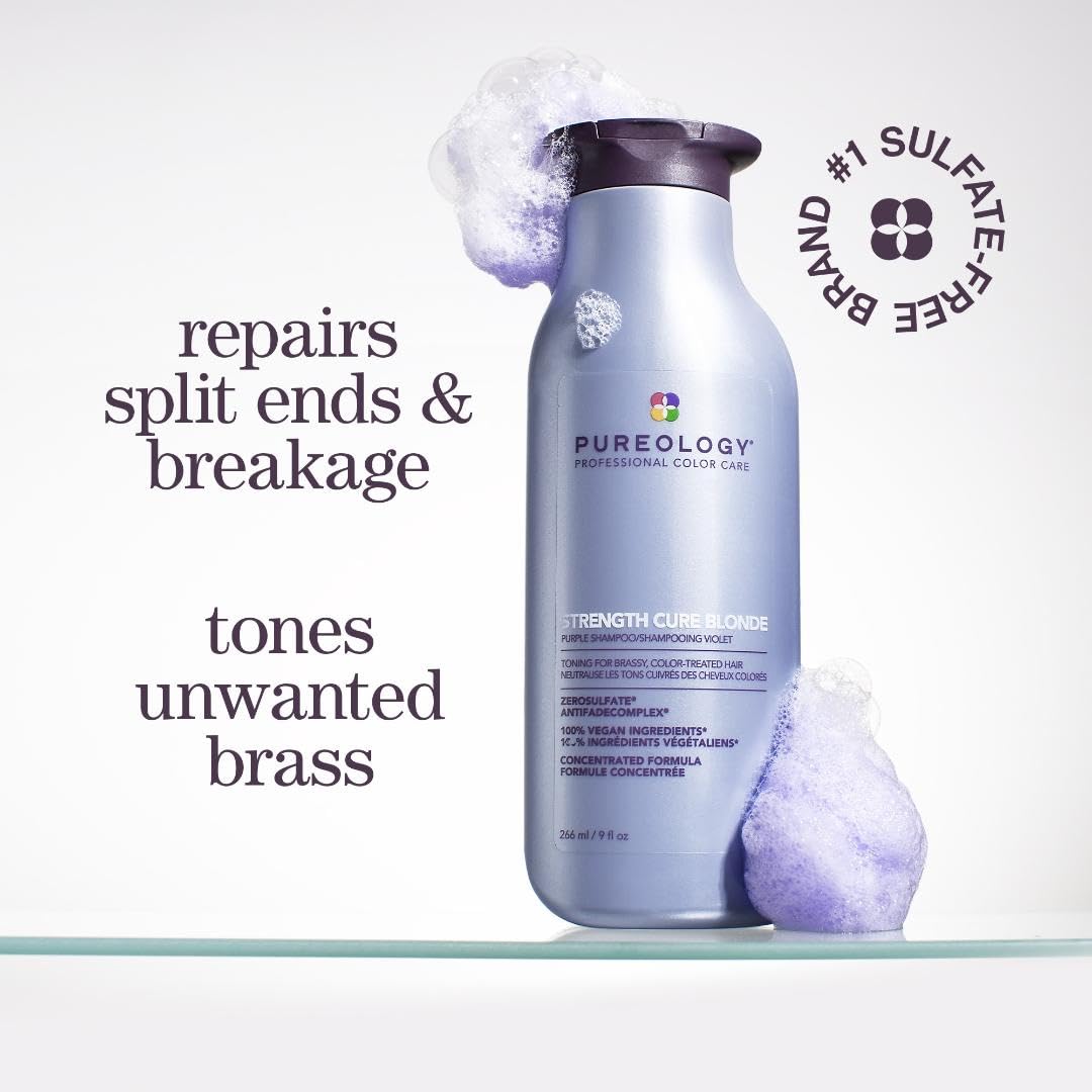 Pureology Strength Cure Blonde Purple Shampoo & Conditioner Bundle | For Blonde & Lightened Color-Treated | Sulfate-Free | Vegan | Updated Packaging | 9 Fl. Oz.