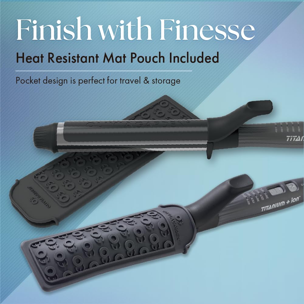 Olivia Garden Titanium + Ion Professional Curling Iron for All Hair Types - Includes Heat Resistant Heat Mat/Pouch and 1 Detangling Brush - 5 Heat Settings - 1.25” Long Barrel Diameter