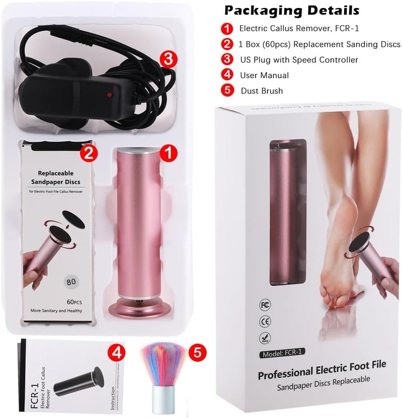 Electric Callus Remover - Adjustable Speed Foot Scrubber with 60 Sanding Discs | Pink Pedicure Tool for Dead Skin Removal