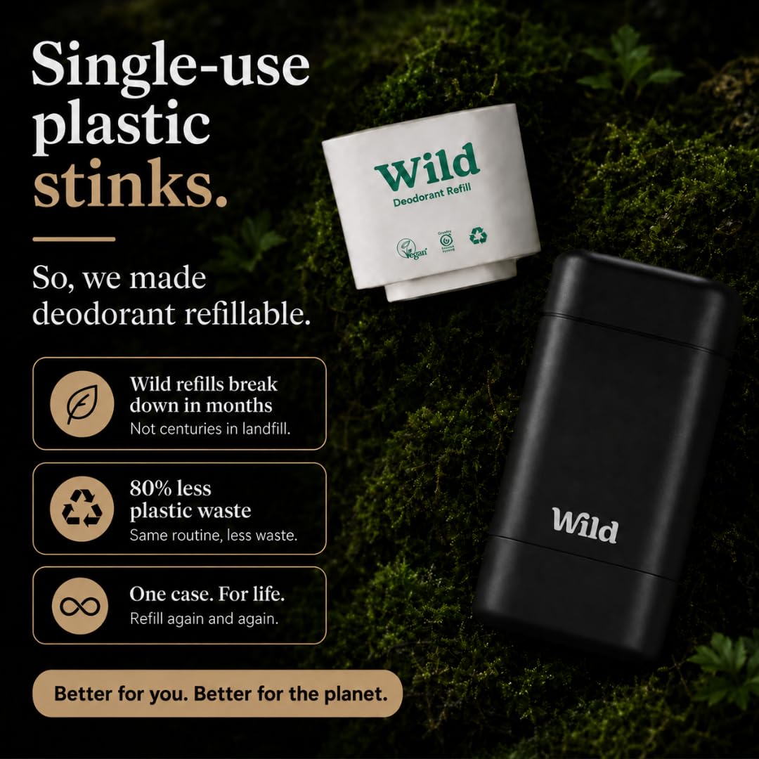 Wild Aluminum Free Natural Deodorant Ultimate Starter Kit - Black Case - Natural Ingredients & 24 Hour Odor Protection - Women & Men's - Variety of Scents - Case + 5 Refills
