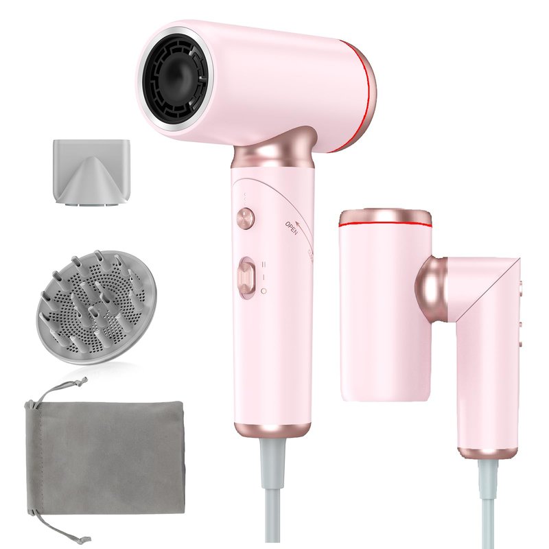 Dual Voltage Hair Dryer Travel Europe Foldable, High Speed Ionic Blow Dryer Fast Drying,100-240V Portable Dryers with Magnetic Nozzles,1300W, Pink