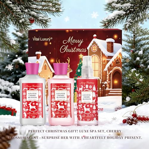 Christmas Bath and Body Gift Set - Luxurious Japanese Cherry Blossom Spa Kit with Gel, Lotion, Mist, a Warm Christmas Gift for Mom, Aunt, Girlfriend & Friends Who Loves Self-Care