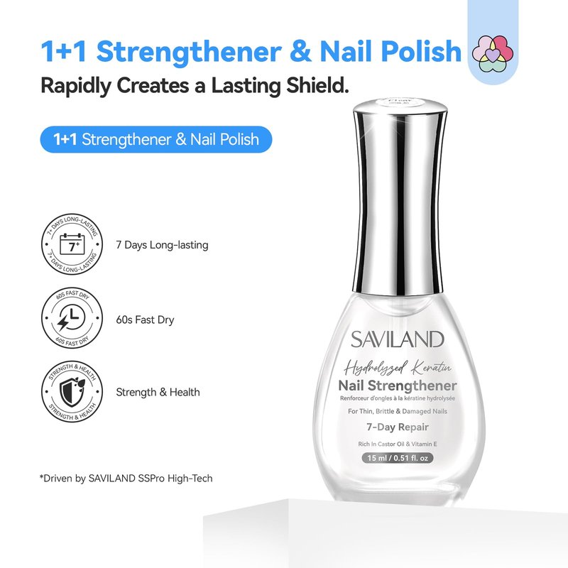 SAVILAND Clear Nail Strengthener 15ml: Fast Air Dry Natural Nail Growth for Damaged Nails Transparent Nail Polish Strengthening Repair Weak & Thin Nails Treatment with Castor Oil Vitamin E Women Gift