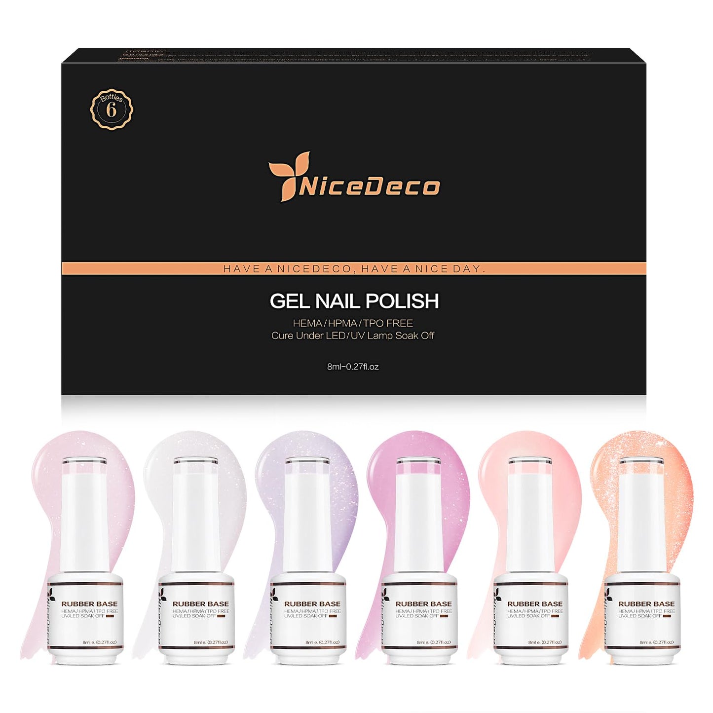 Nicedeco No Wipe Gel Top Coat and Base Coat, 6 Pcs Rubber Base Gel Polish for Nails