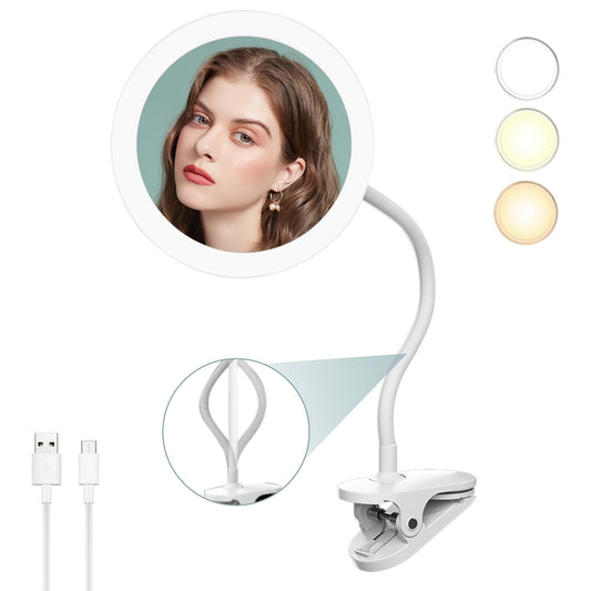 TUSHENGTU 6.5" Clip-On Magnifying Vanity Mirror - 5X Magnification, USB Rechargeable, Lighted, Travel-Friendly (White)