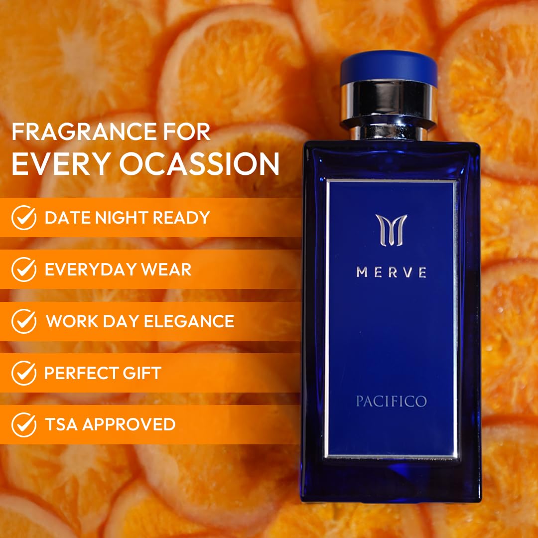 Merve Pacifico Premium Long Lasting Fragrance Luxury Scent For Men | Fruity, Marine, Woody | Perfumes For Men | 3.4 Ounces