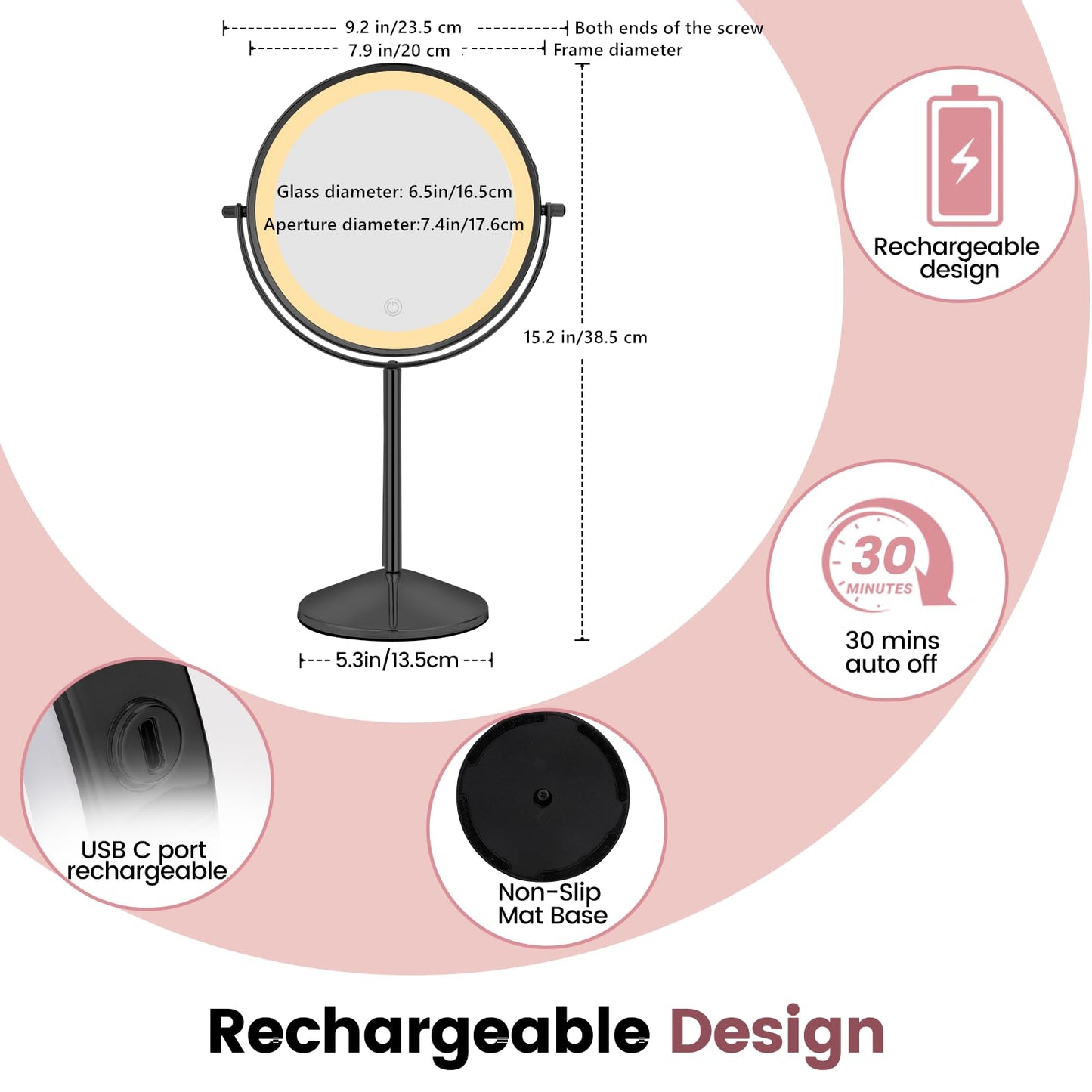 AumVum 8" Vanity Mirror with Lights Rechargeable, 1X/10X Magnifying Makeup Mirror with Touch Screen, 54 LED Adjustable Brightness, 3 Color Modes, 360° Rotation for Tabletop & Bedroom