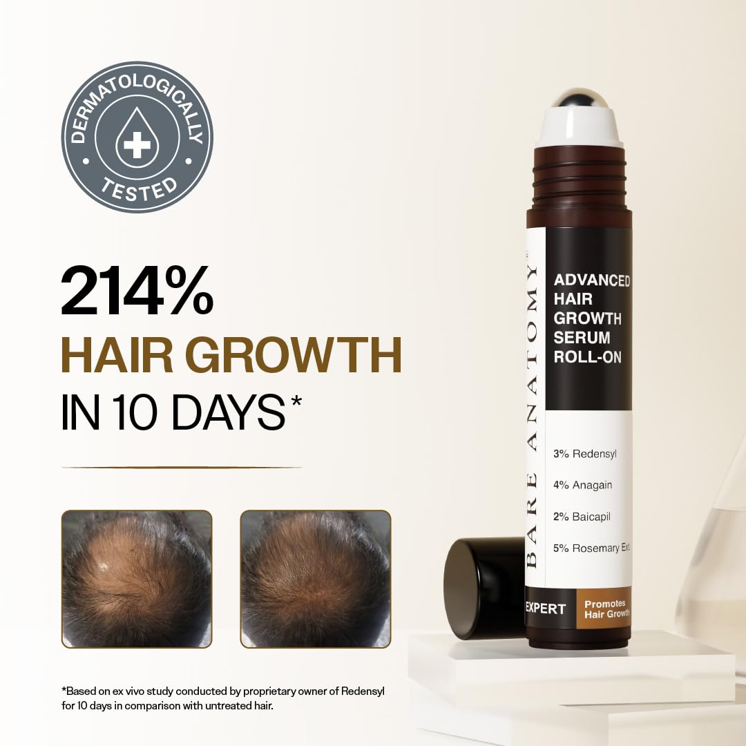 Bare Anatomy Advanced Hair Growth Serum Roll-On| 3% Redensyl + 4% Anagain + 2% Baicapil + 5% Rosemary, Rice Water, Biotin & Saw Palmetto| Reduces Hair Fall, Supports Hair Growth for Men & Women | 25ml