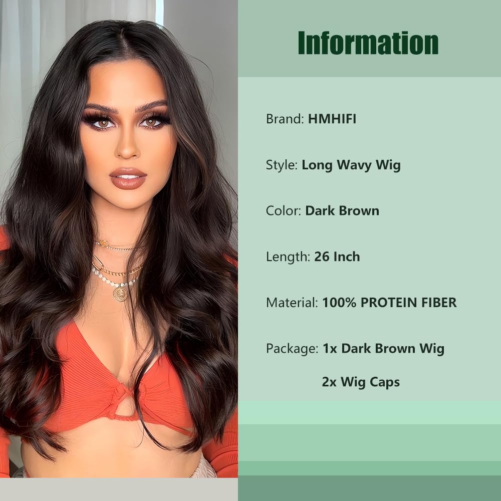 HMHIFI Long Brown Wig for Women 26Inch Wavy Curly Dark Brunette Hair Wigs Synthetic Hair Replacement Heat Resistant Hair Wig for Daily Party Use