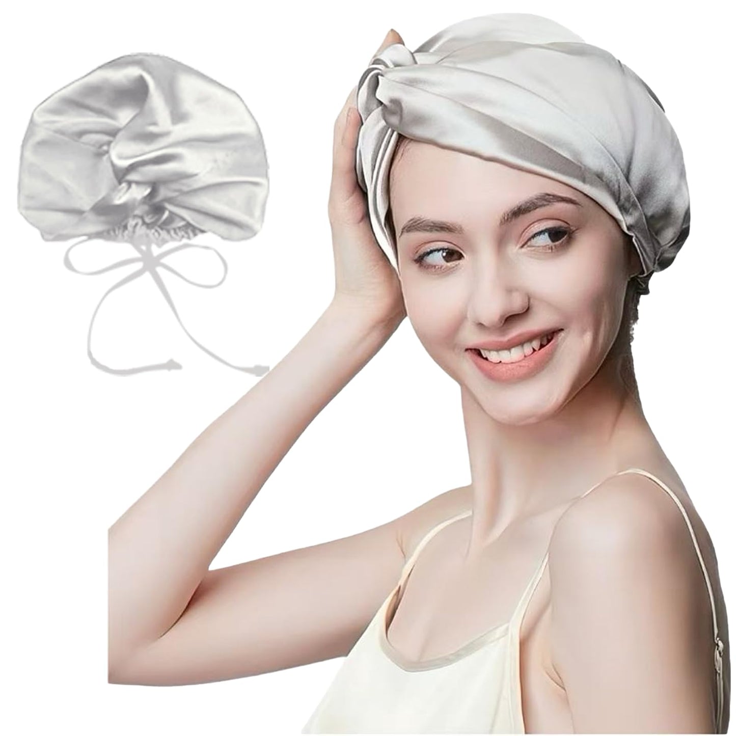 SereLune 100% Mulberry Silk Bonnet Sleep Cap, Double Layer Silk Turban/Bonnet, Shower Cap, Fit for Night Hair Care, 9 Colors (Silver, Adjustable Band+Strap)