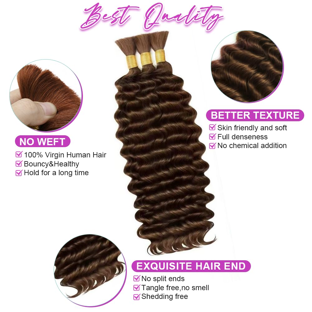 100 Percent Human Boho Braiding Hair Deep Wave Bulk Boho Hair for Braiding Curly Bundles (18inch,#4 Natural Brown)