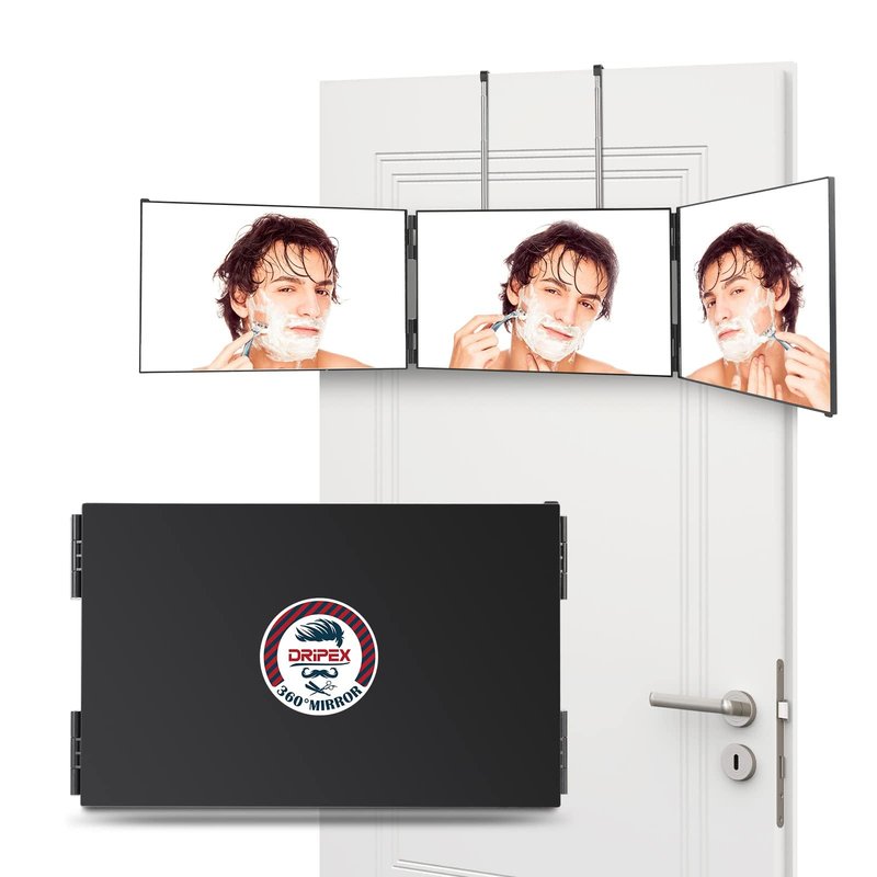 Dripex 3 Way Mirror for Men or Women, 360° Trifold Self Haircut Mirror with Height Adjustable Hooks, for Makeup, Styling, Shaving, Braiding, Dye Hair (Black Without Led)