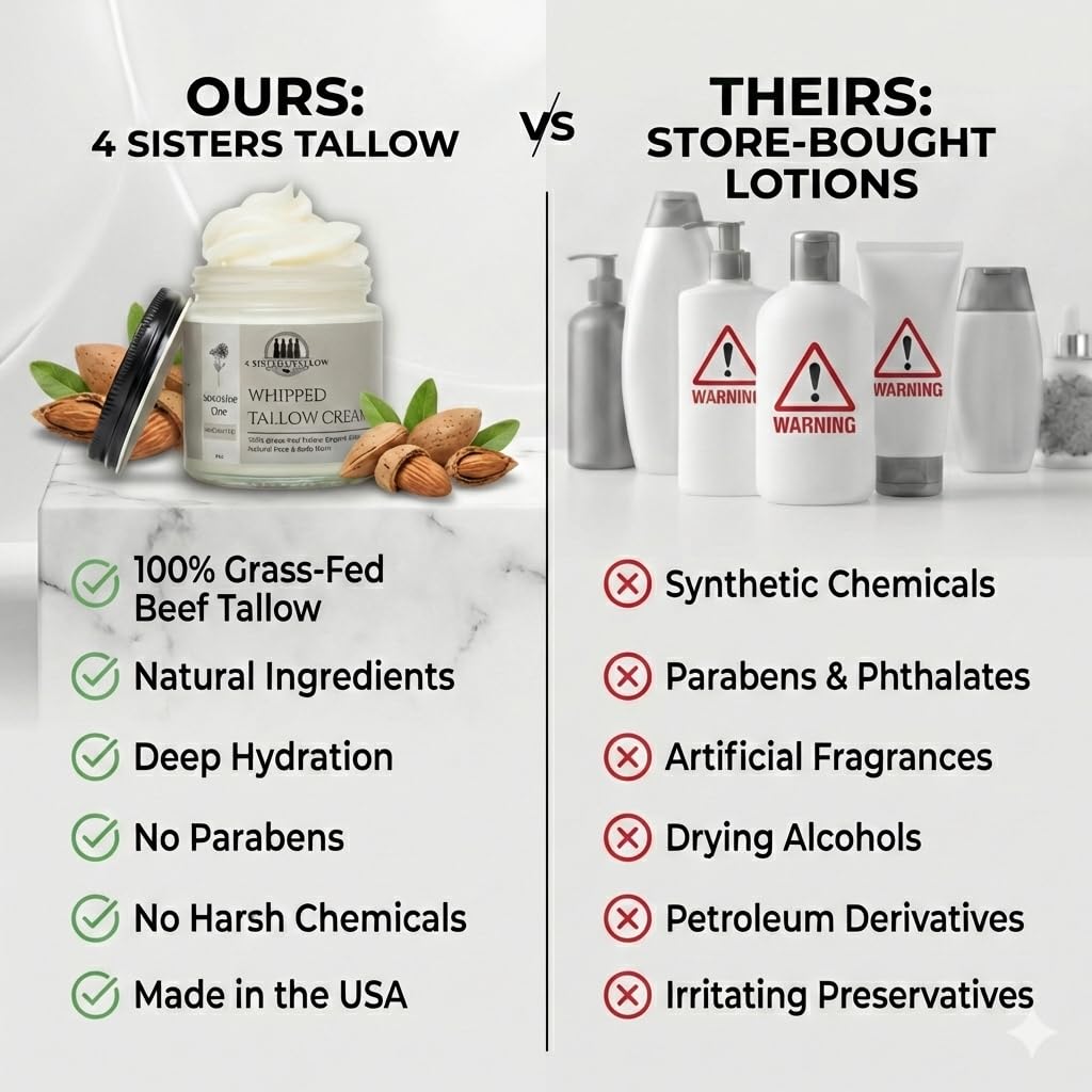 100% Grass Fed Beef Tallow For Face & Skin - All Natural Tallow Face Cream - Whipped Moisturizer Lotion - Made in USA - 100% Organic Essential Oils - Lrg 4 Fl Oz - For Sensitive Skin - (Unscented)