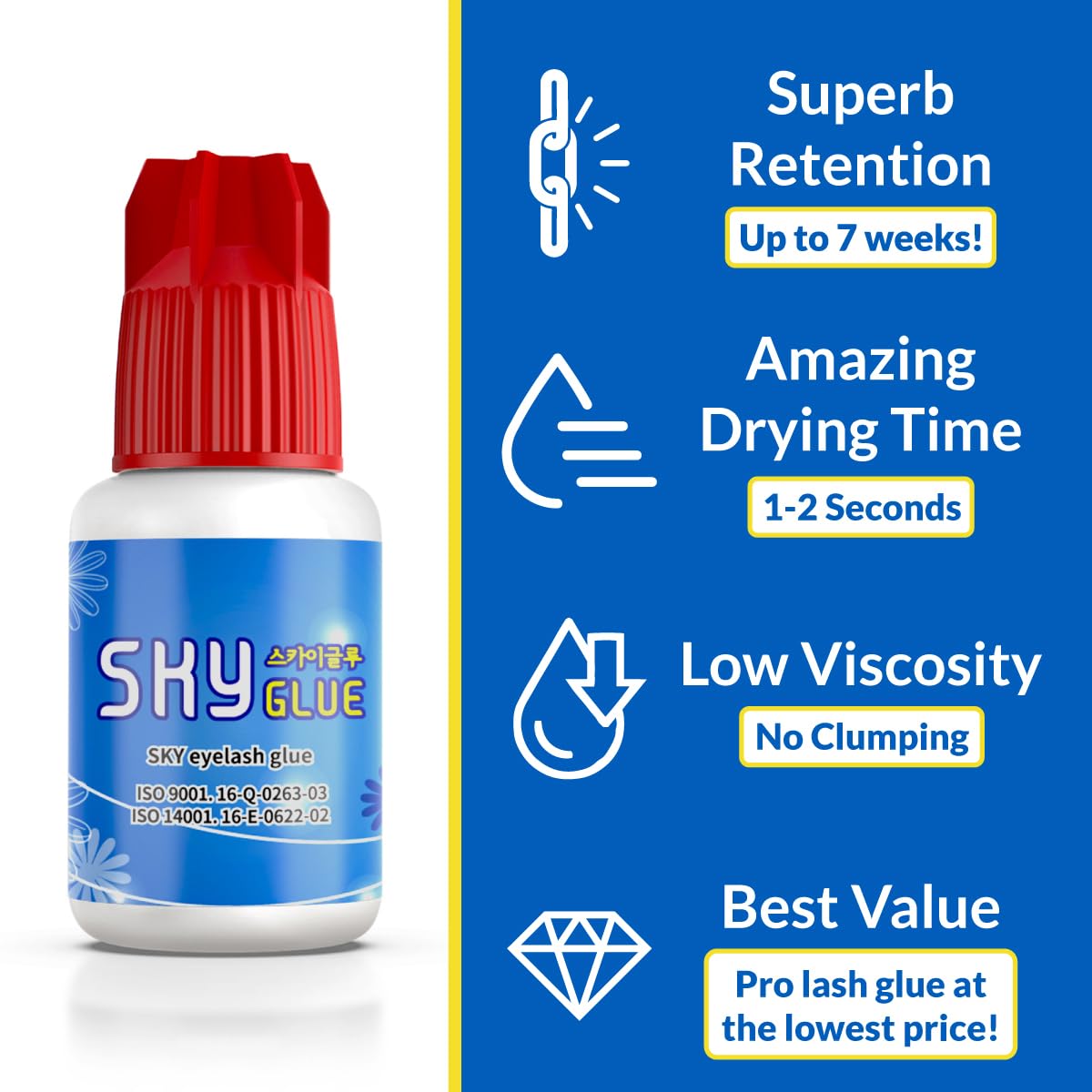 Sky Glue S+ 2 Pack & Pro Volume Eyelash Extension Glue | Professional Black Adhesive | Long Lasting Semi Permanent Lash Extensions | Super Strong & Fast Drying (1-2s) | 7+ Weeks Retention | 3 x 5ml