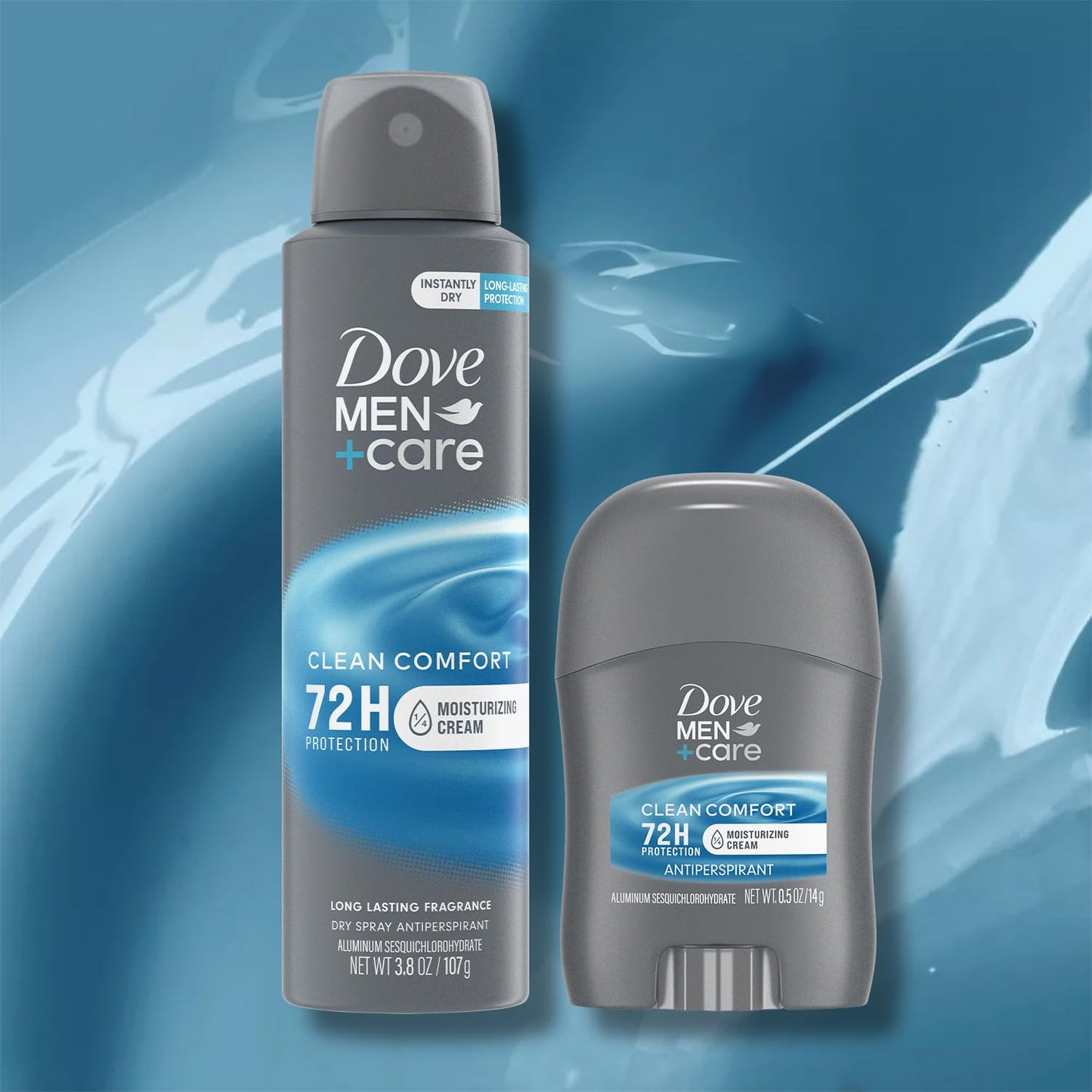 Dove Men + Care Clean Comfort Spray Deodorant & Antiperspirant 150ml / 3.8 Ounce,(4 Pack) + Travel Deodorant Stick (0.5 Oz) – 72H Protection, Long-Lasting Clean Comfort Fragrance