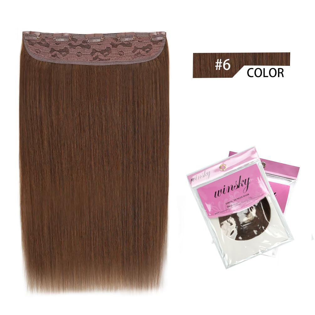 Winsky Hair Extensions Real Human Hair - One Piece Light Brown Remy Hair Extensions Clip on 70gram for Women (14inch, #6)