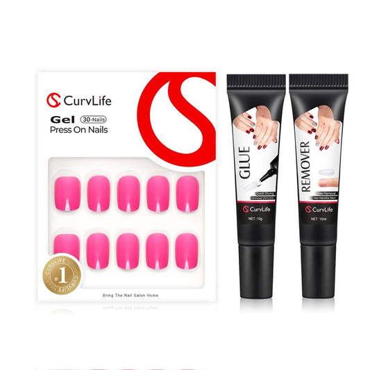 Soft Gel Press on Nails, Fake Nails with Bright-Pink and semi solid nail glue kit