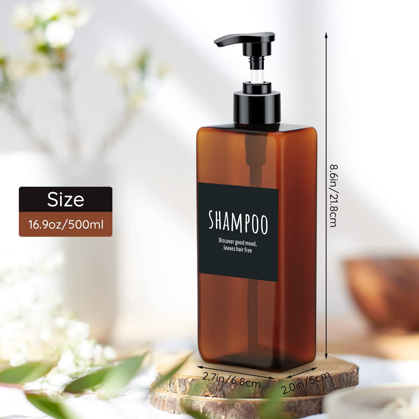 Segbeauty 8 Packs Empty Bathroom Soap Dispenser, 16.9oz Refillable Plastic Pump Bottles with Labels, 500ml Shower Dispenser Shampoo Conditioner Bottles for Kitchen Amber
