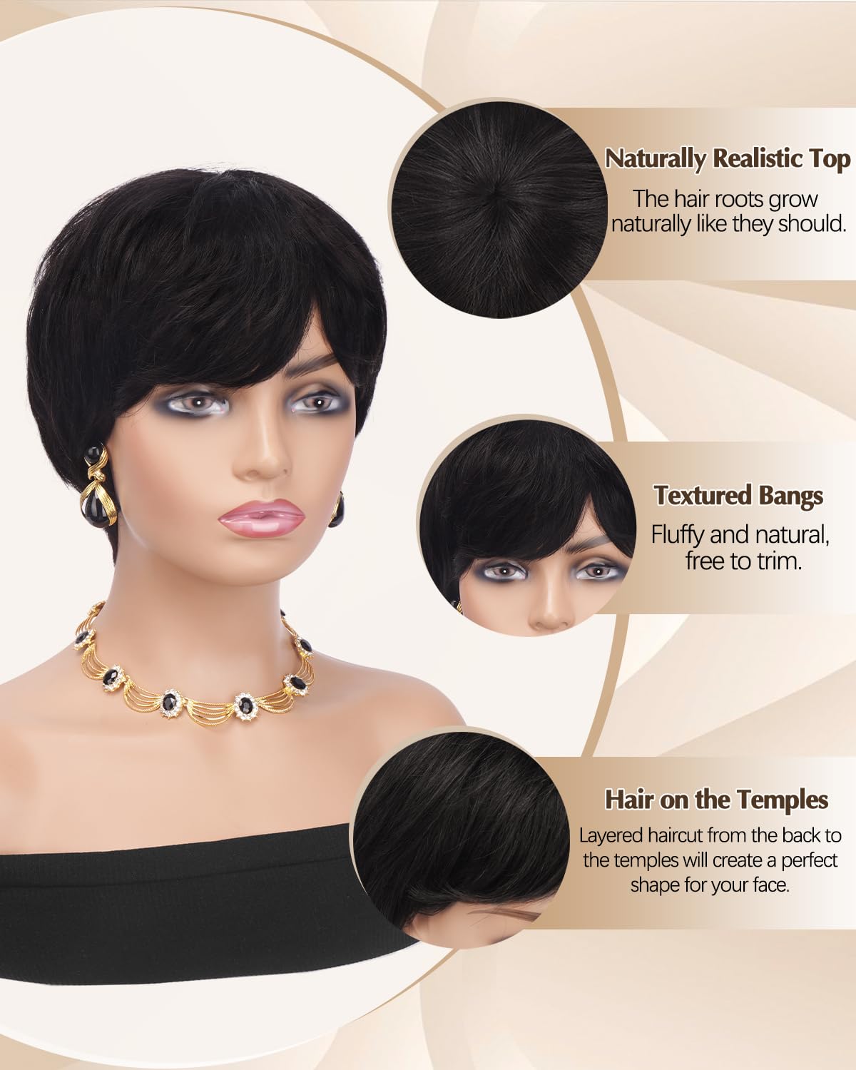 Pixie Cut Wig - Human Hair Short Wig with Bangs for Black Women | Natural Black Glueless Layered Style
