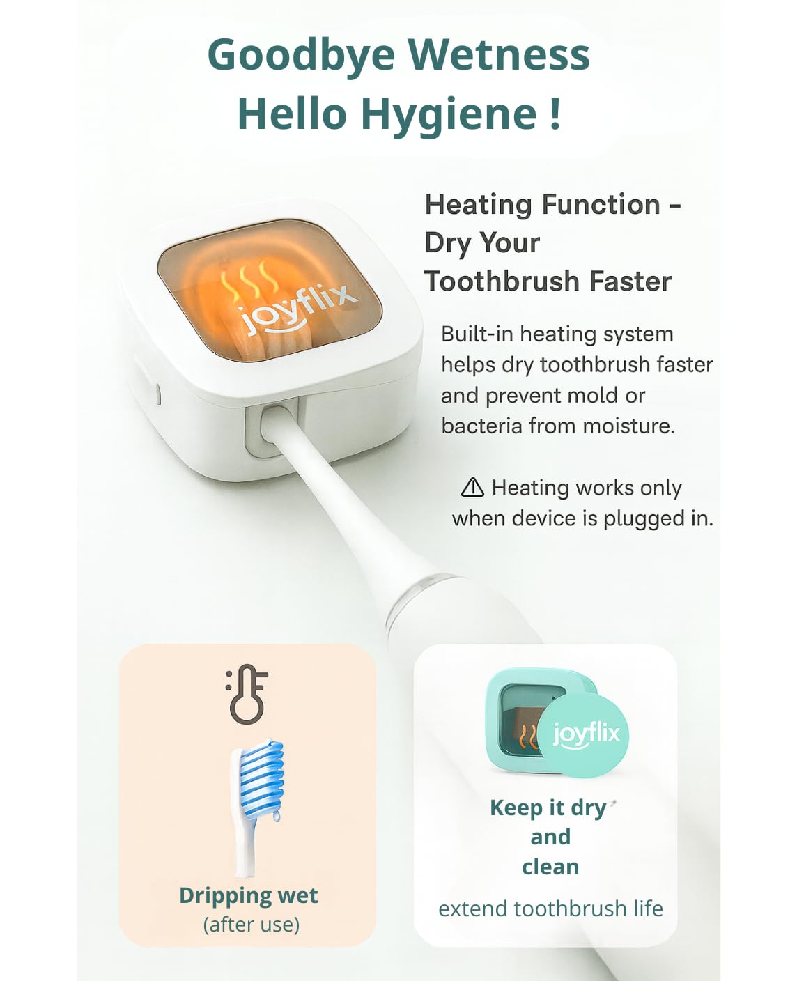 joyflix UV-C Toothbrush Sanitizer | Portable & Rechargeable | 99.9% Sanitization with Heating Function | Magnetic Mount, Travel-Friendly & Compact Design (White) (Pure White)