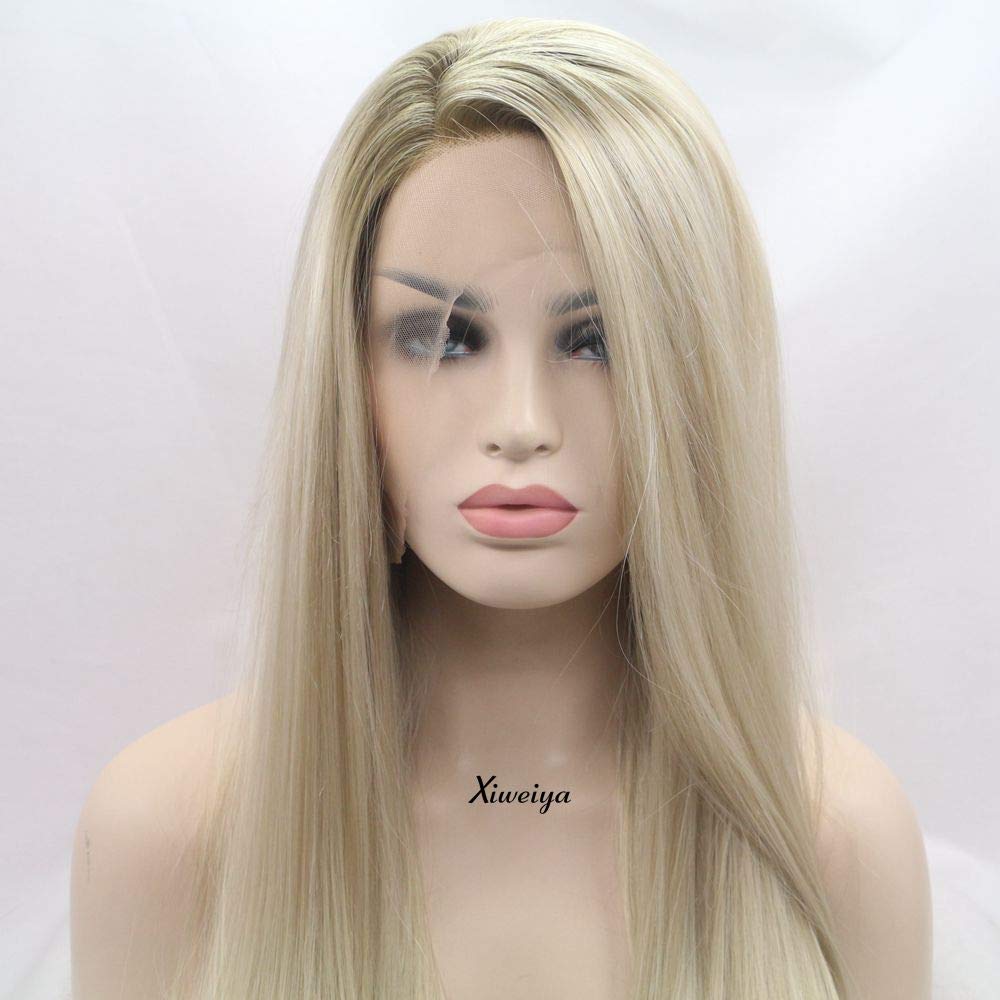 xiweiya Natural Straight Hair Light Blonde Ombre Brown Color Side Part Synthetic Lace Front Wigs For Women Heat Resistant Fiber Replacement Wig Cosplay Hair