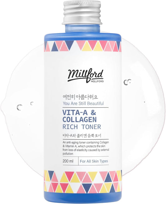 Millford Vita A & Collagen Rich Toner 200ml/6.76 fl.oz - Anti-Aging Retinol Face Toner with Marine Collagen & Panthenol for Fine Lines, Wrinkles, Elasticity & Deep Hydration, Korean Skincare