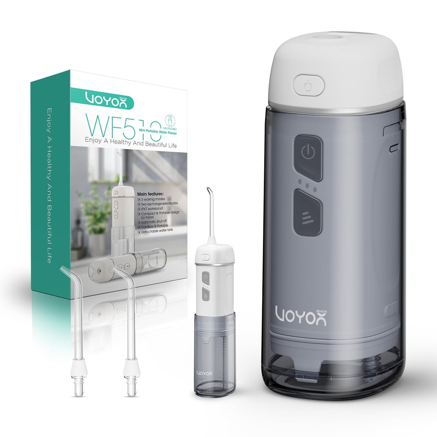 VOYOR-HEALTH Travel Water Flosser Portable, Mini Cordless Oral Irrigator with Telescopic Water Tank, IPX7 Waterproof Water Flosser for Teeth Cleaning Braces & Dental Care WF510 (Silver)