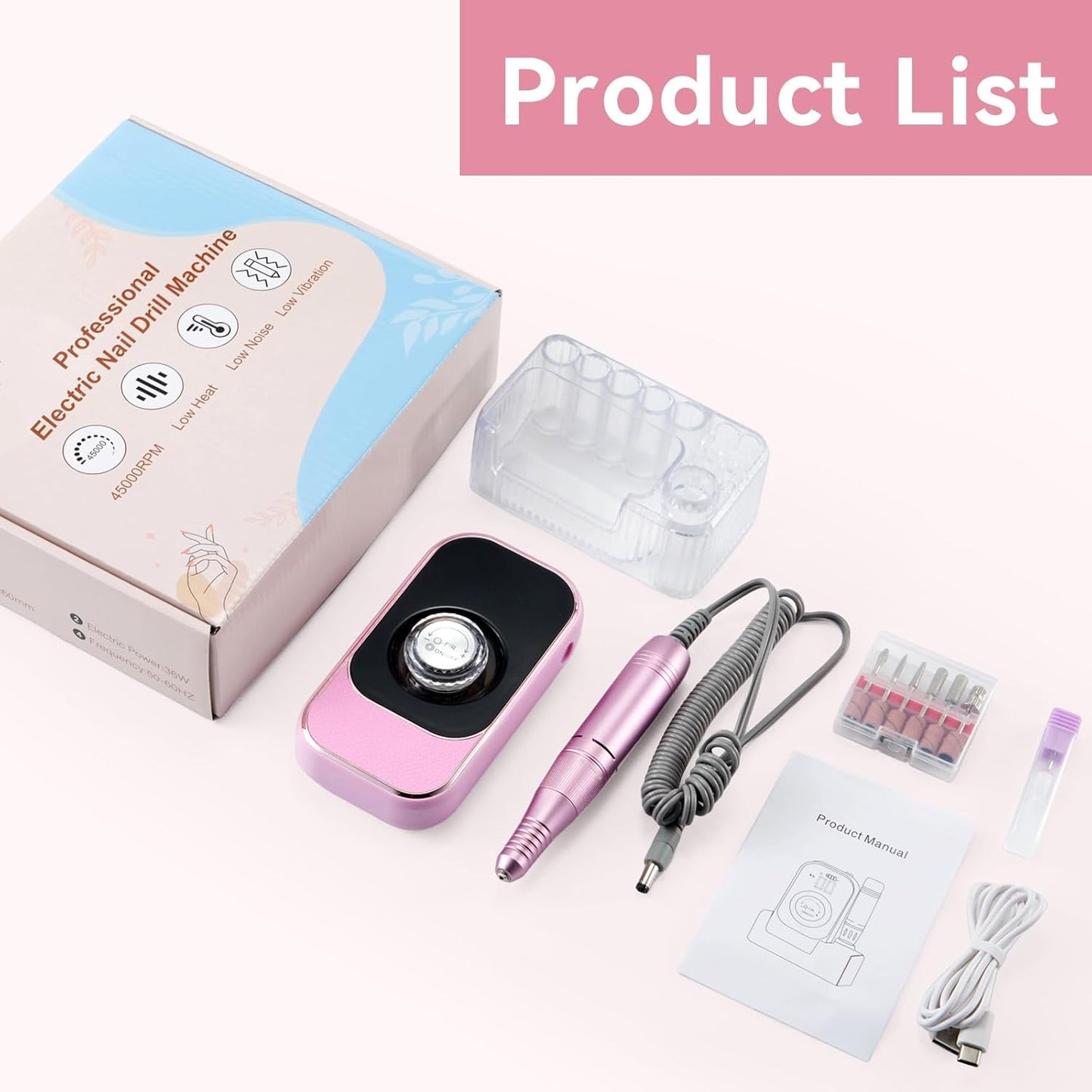 Portable Nail Drill - 45000RPM Electric File for Acrylic Nails | Cordless Rechargeable E-File with Bits & Base