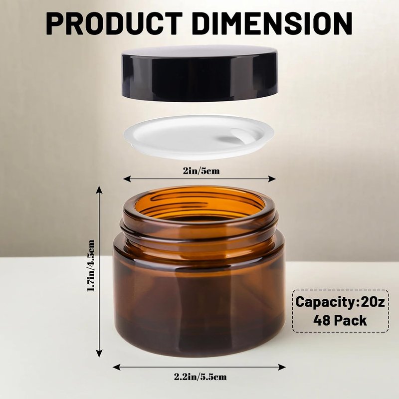Amber Glass Jars - 2oz Sample Containers for Lotions, Moisturizers, Lip Balm | 48 Pack