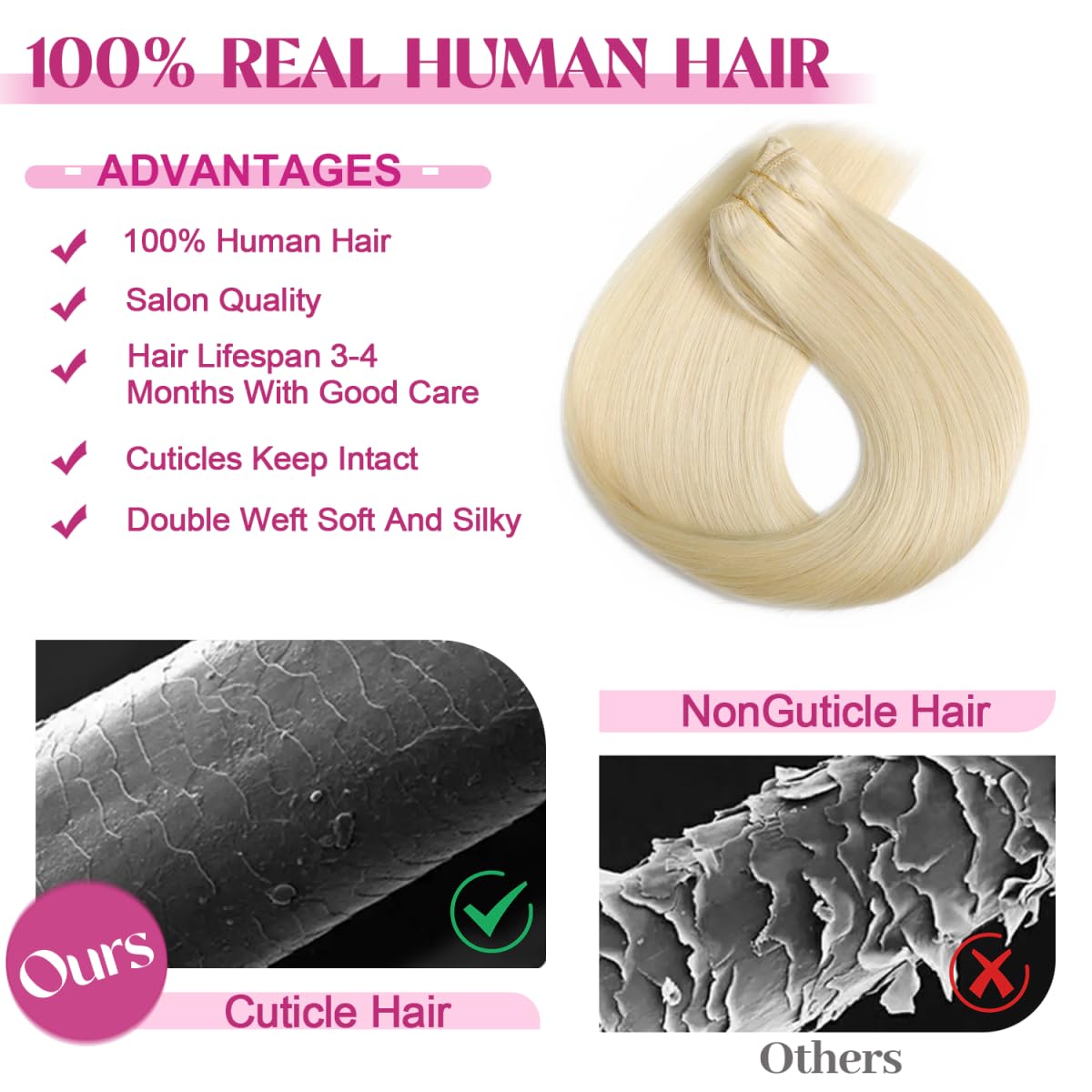 POGINJA Clip in Hair Extensions Real Human Hair, Remy Human Hair Extensions Clip ins for Women, 100% Natural Human Hair, Double Weftm, 14inch 80g 8Pcs, #60 Platinum Blonde