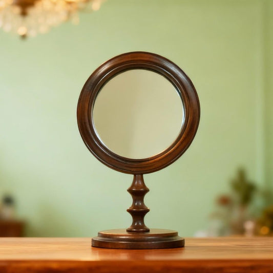 HuiDao Vintage Makeup Mirror for Tabletop, 100% Solid Wood Frame Table Vanity Mirror with Stand for Vanity Table, Desk Mirror for Bedroom Living Room Retro Decor
